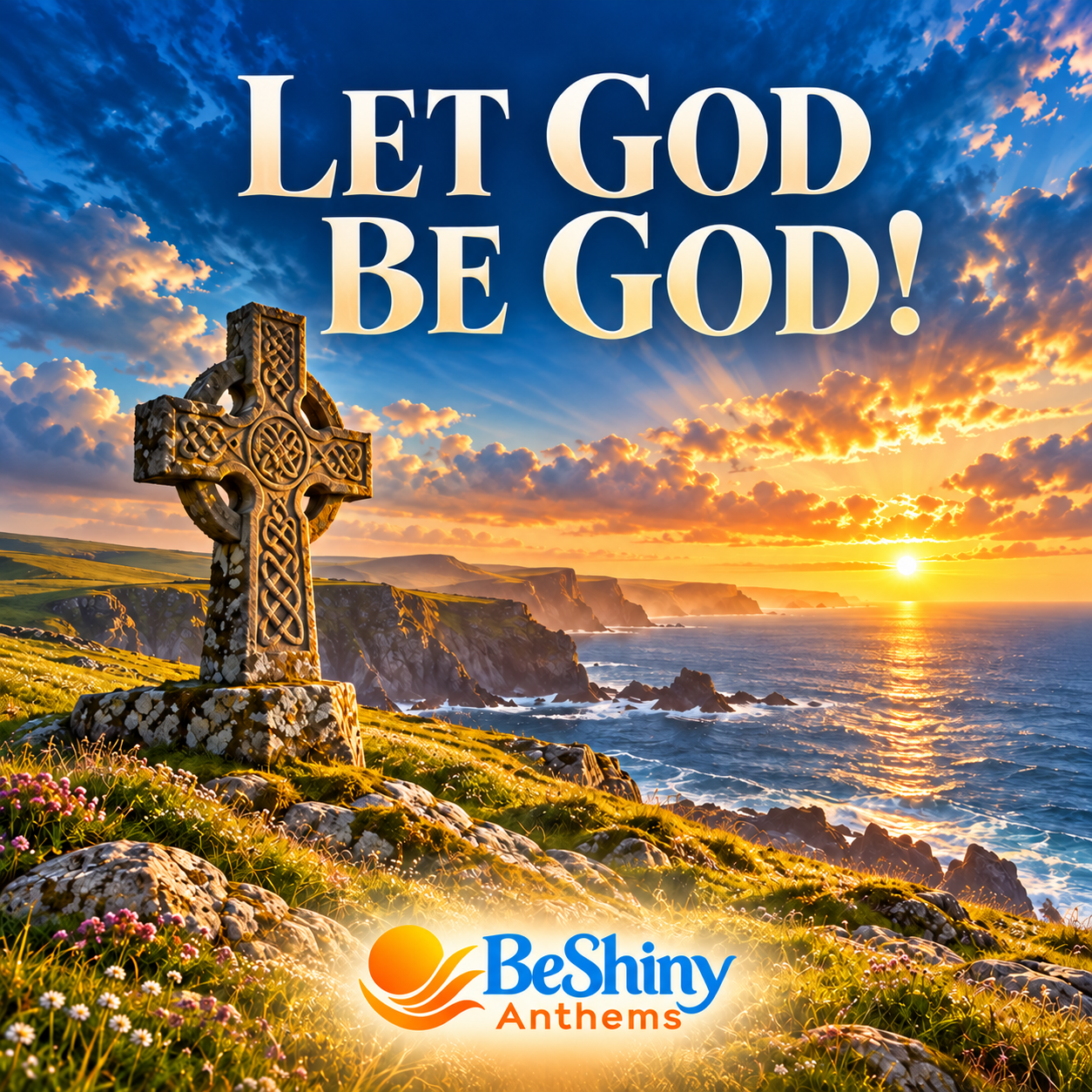 Let God Be God! — BeShiny Anthems cover with a Celtic cross above sunlit sea cliffs
