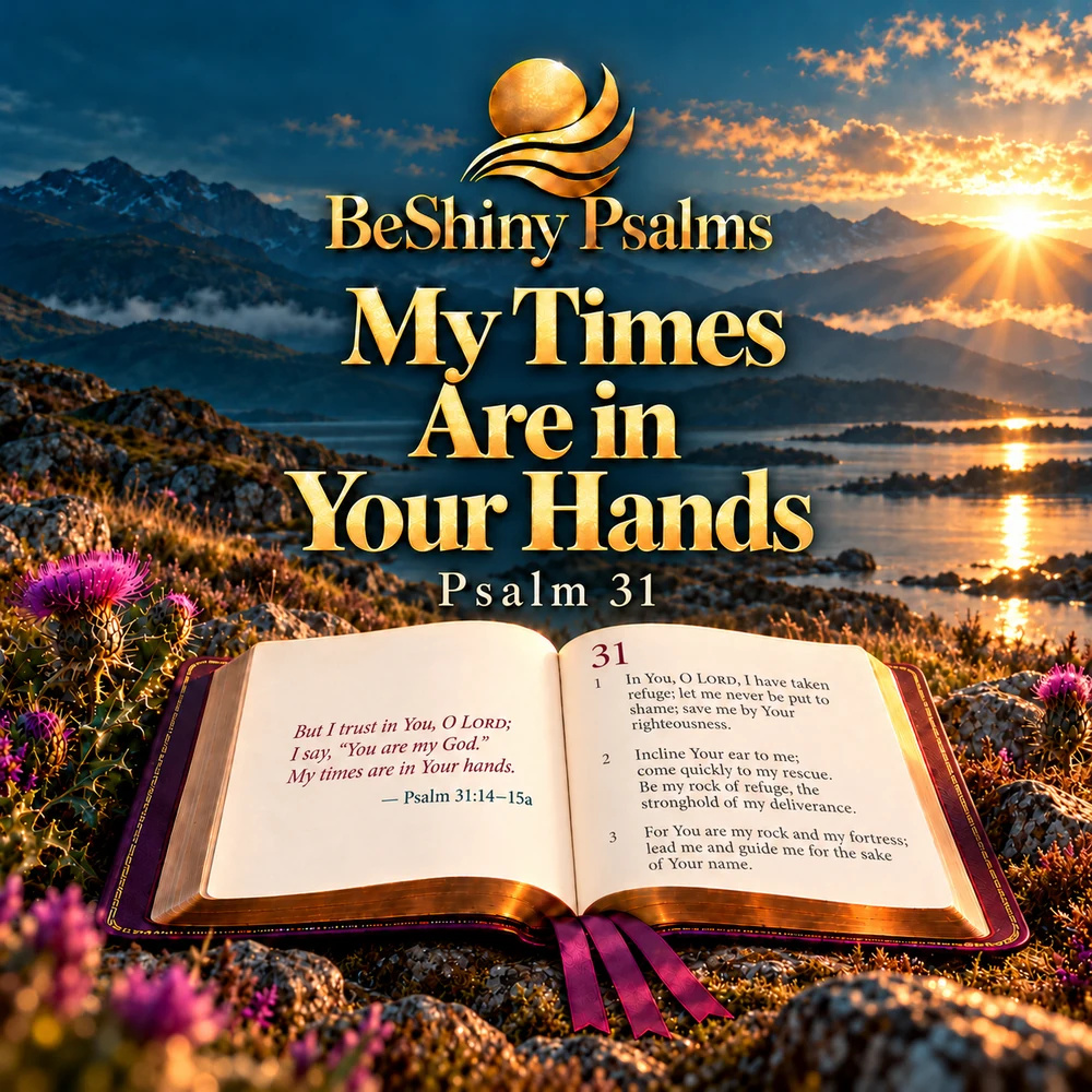 An open Psalter showing Psalm 31, with a burgundy ribbon and Scottish thistles beside a Highland loch at dawn, beneath the gold title My Times Are in Your Hands.