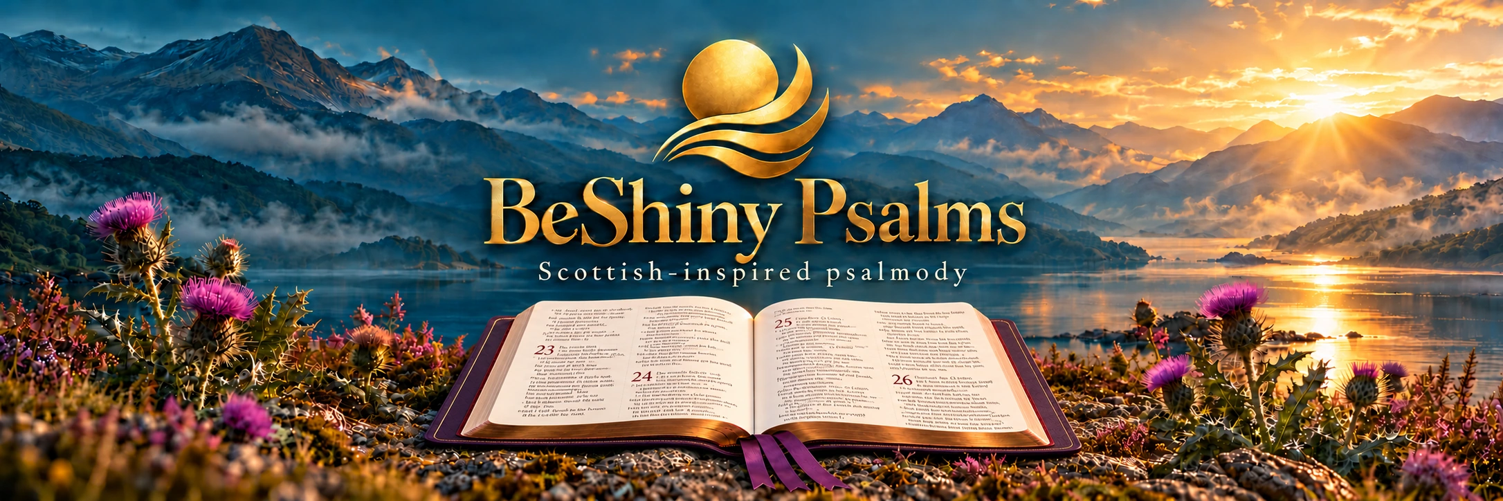 BeShiny Psalms — Scottish-inspired psalmody, with a purple open Bible and thistles beside a Highland loch