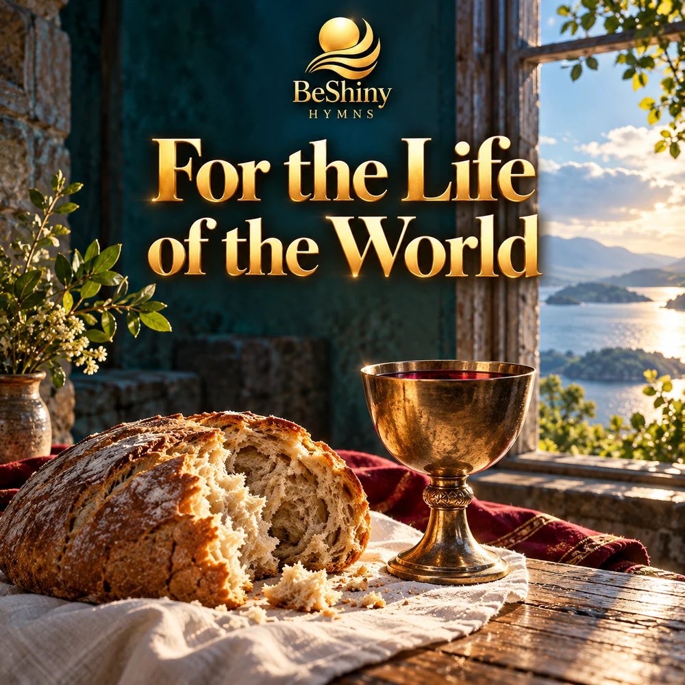 Bread and a cup of wine on a simple table, with soft Scottish light opening towards a loch and hills.