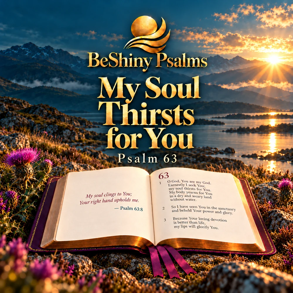 An open Psalter showing Psalm 63, with Scottish thistles and a dawn landscape, beneath the title My Soul Thirsts for You.