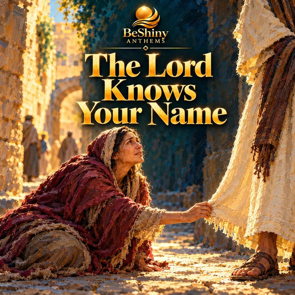 Painterly scene of a woman’s hand reaching towards the hem of Jesus’ garment in a sunlit ancient street.